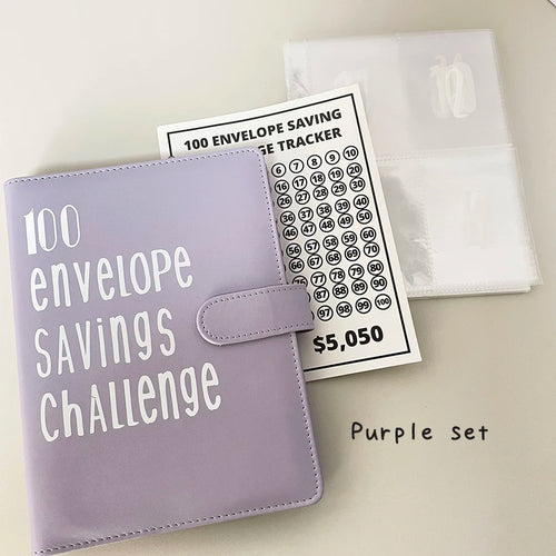 A5 PU 100 Envelope Saving Challenge Book,Binder Collect Book Set,25 Sheets 100 Pockets Number Sleeves, Full Set Holder