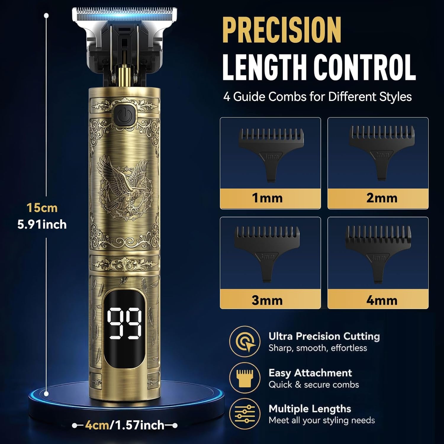 Beard Trimmer, Vintage T-Blade Hair Clippers, Next-Gen Upgrade | 180-Min Running Time, Wire Drawing Process, Type-C Rechargeable, Gold Metal，Cordless Electric Shaver & Razor, Edgers Trimmer