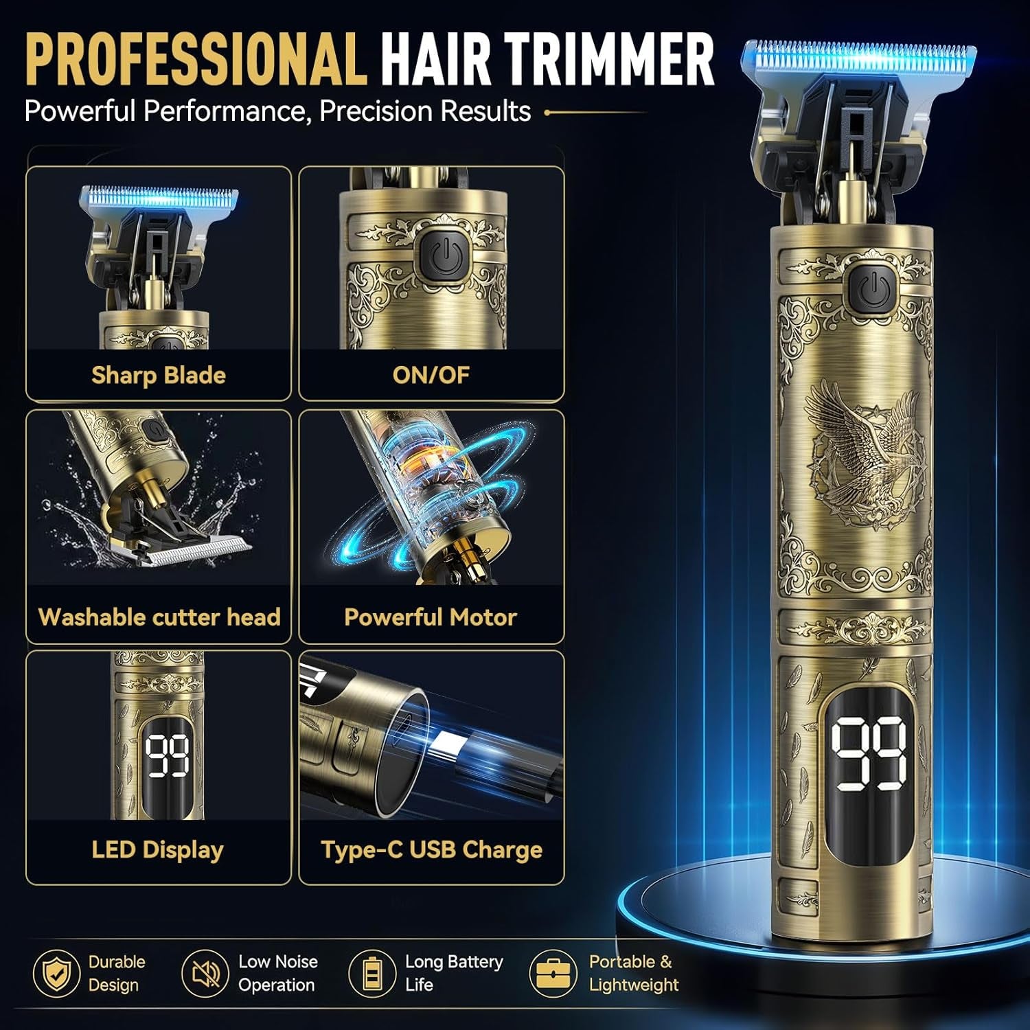 Beard Trimmer, Vintage T-Blade Hair Clippers, Next-Gen Upgrade | 180-Min Running Time, Wire Drawing Process, Type-C Rechargeable, Gold Metal，Cordless Electric Shaver & Razor, Edgers Trimmer