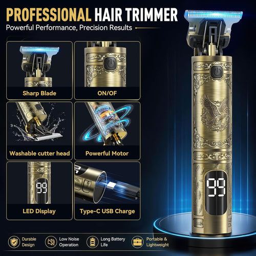 Beard Trimmer, Vintage T-Blade Hair Clippers, Next-Gen Upgrade | 180-Min Running Time, Wire Drawing Process, Type-C Rechargeable, Gold Metal，Cordless Electric Shaver & Razor, Edgers Trimmer