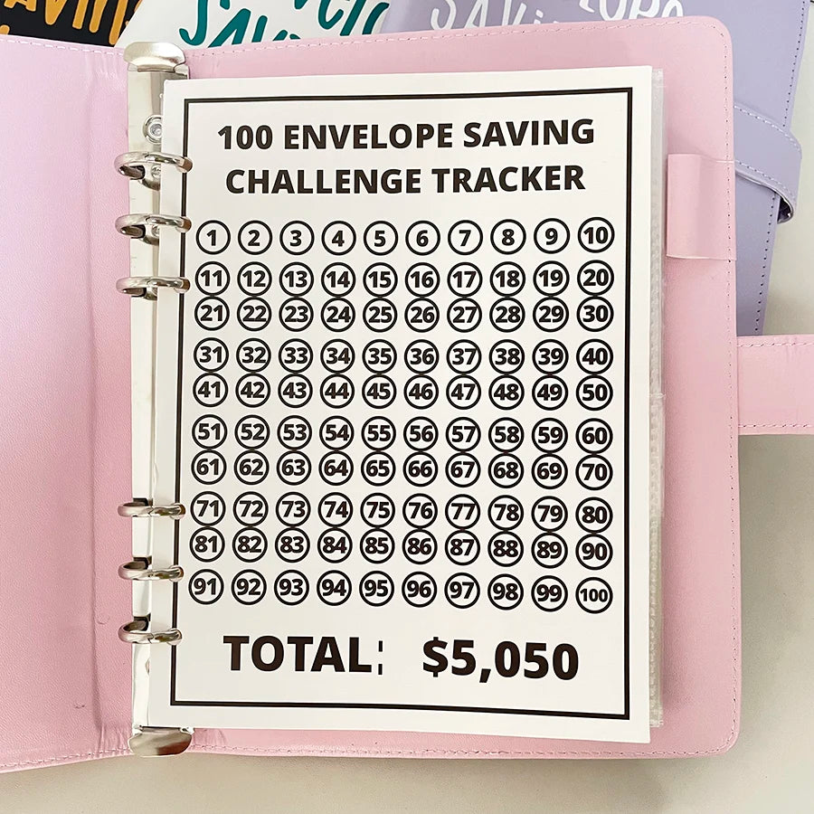 A5 PU 100 Envelope Saving Challenge Book,Binder Collect Book Set,25 Sheets 100 Pockets Number Sleeves, Full Set Holder