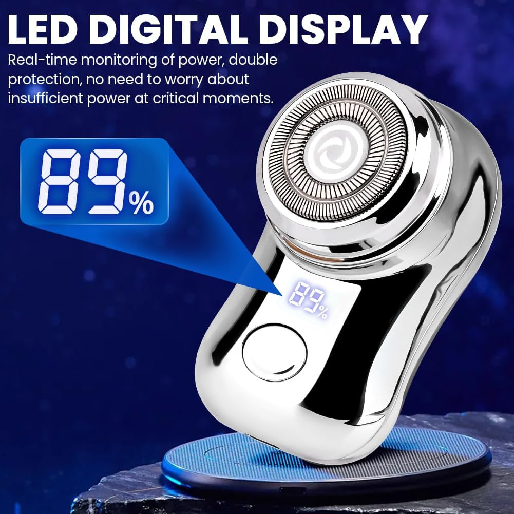 Mini Travel Electric Shaver, Portable Pocket Size Rechargeable Shaving Razor Lightweight Razor with Battery Power Display Wet & Dry Rotary for Teen Office Business (Silver)