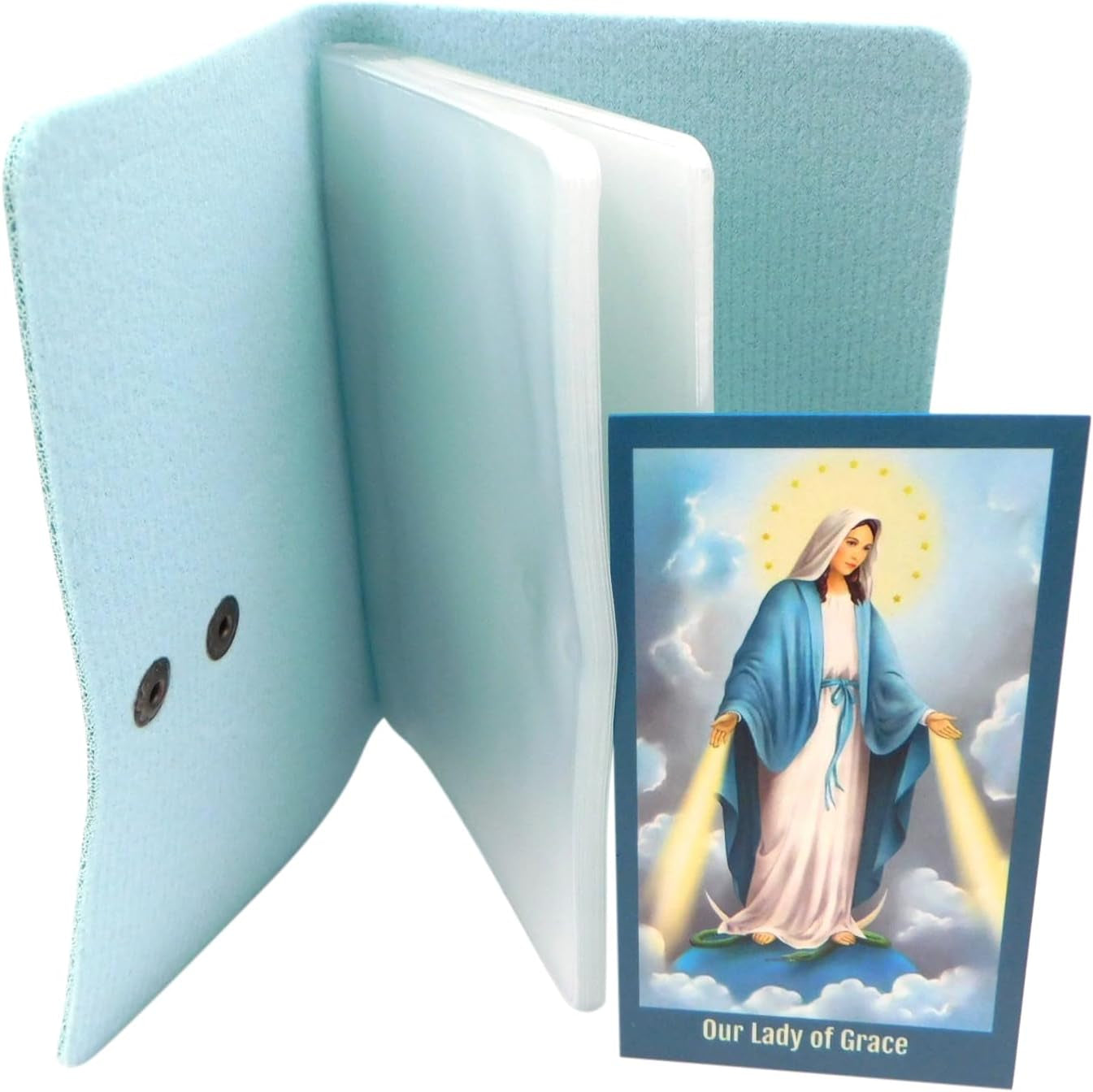 Ladies Holy Card Holder Set 20 Sleeves per Booklet with Miraculous Mary Our Lady of Grace Prayer Card