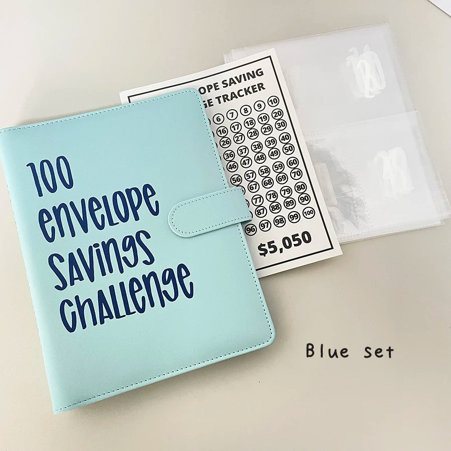 A5 PU 100 Envelope Saving Challenge Book,Binder Collect Book Set,25 Sheets 100 Pockets Number Sleeves, Full Set Holder