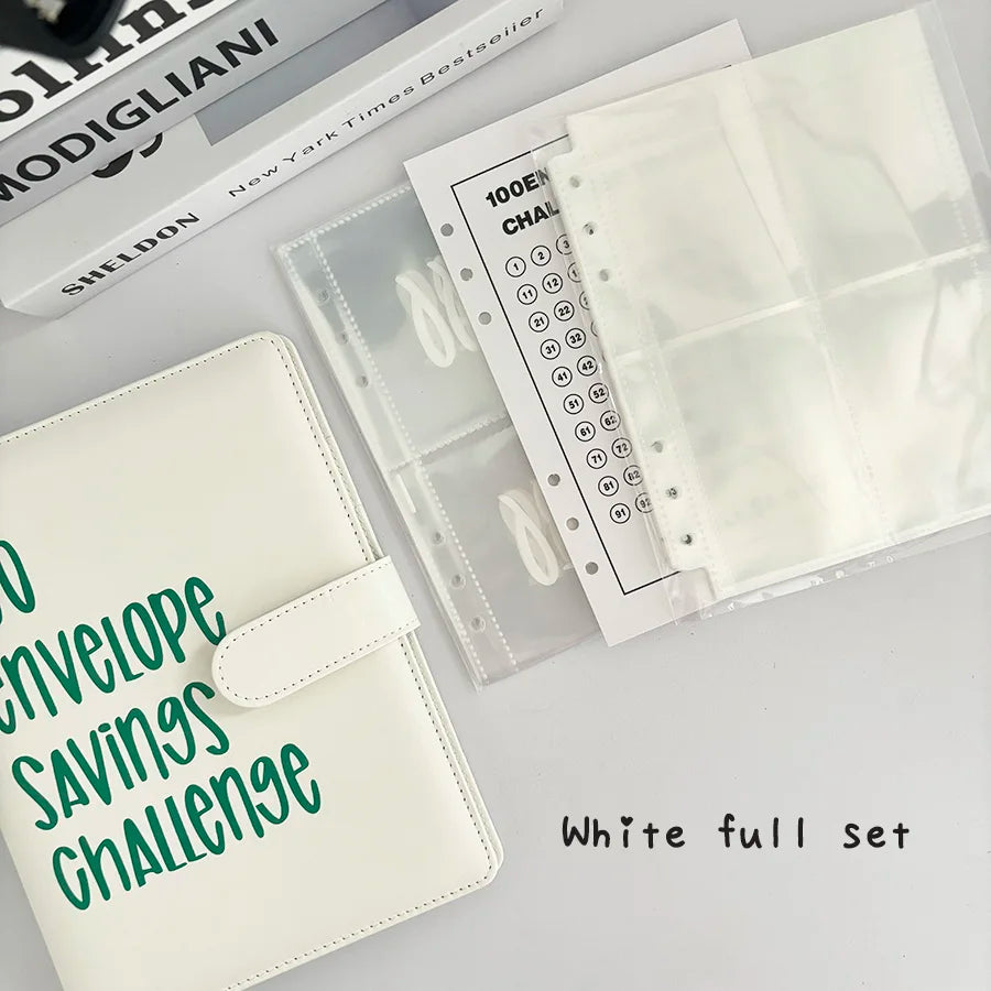A5 PU 100 Envelope Saving Challenge Book,Binder Collect Book Set,25 Sheets 100 Pockets Number Sleeves, Full Set Holder