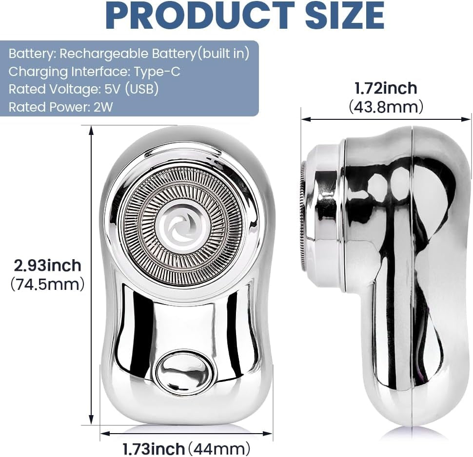 Mini Travel Electric Shaver, Portable Pocket Size Rechargeable Shaving Razor Lightweight Razor with Battery Power Display Wet & Dry Rotary for Teen Office Business (Silver)
