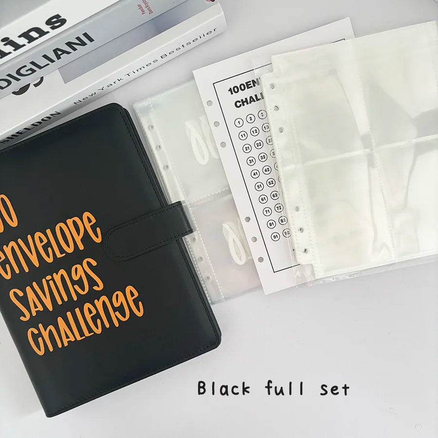 A5 PU 100 Envelope Saving Challenge Book,Binder Collect Book Set,25 Sheets 100 Pockets Number Sleeves, Full Set Holder