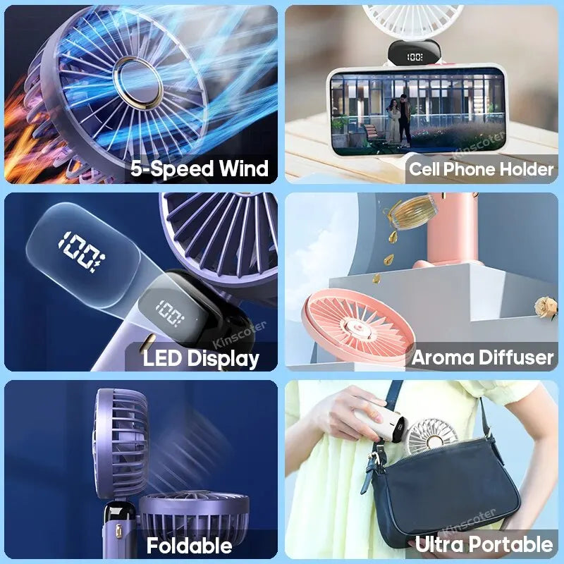 USB Handheld Mini Fan Foldable Portable Neck Hanging Fans 5 Speed Rechargeable Fan with Phone Stand