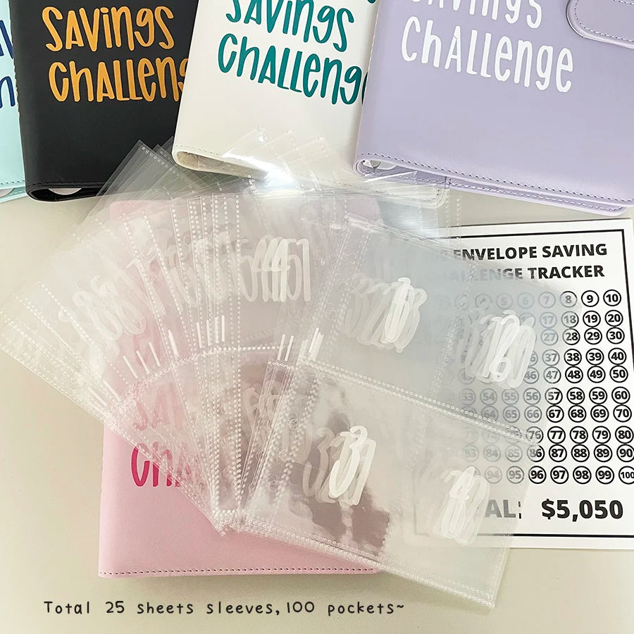 A5 PU 100 Envelope Saving Challenge Book,Binder Collect Book Set,25 Sheets 100 Pockets Number Sleeves, Full Set Holder