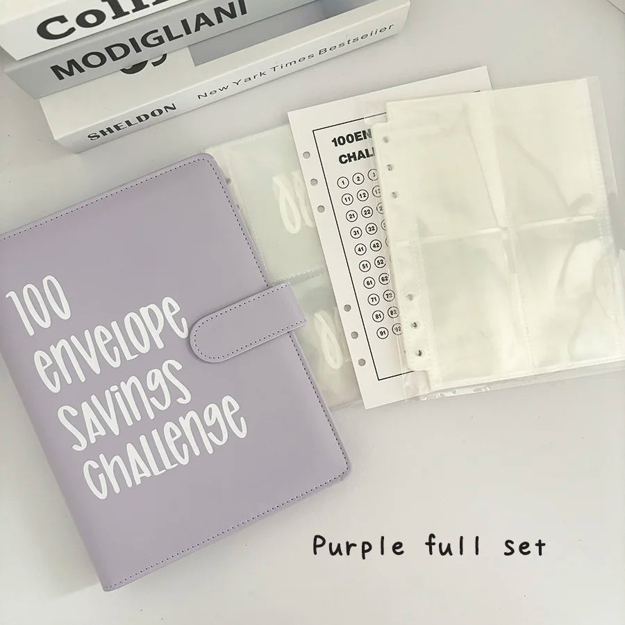 A5 PU 100 Envelope Saving Challenge Book,Binder Collect Book Set,25 Sheets 100 Pockets Number Sleeves, Full Set Holder