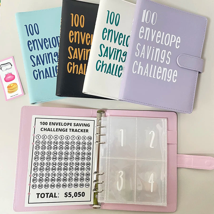 A5 PU 100 Envelope Saving Challenge Book,Binder Collect Book Set,25 Sheets 100 Pockets Number Sleeves, Full Set Holder
