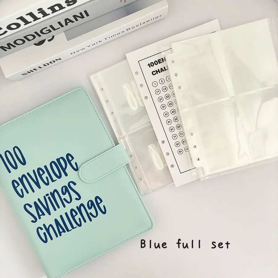 A5 PU 100 Envelope Saving Challenge Book,Binder Collect Book Set,25 Sheets 100 Pockets Number Sleeves, Full Set Holder