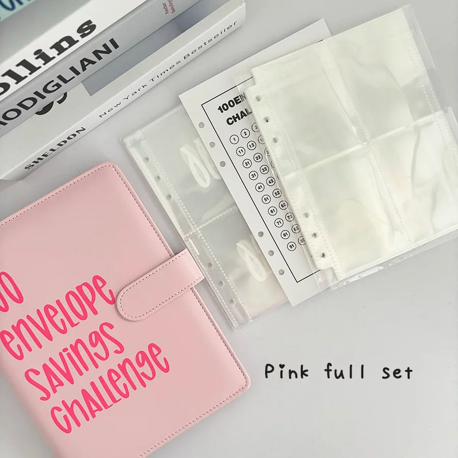 A5 PU 100 Envelope Saving Challenge Book,Binder Collect Book Set,25 Sheets 100 Pockets Number Sleeves, Full Set Holder