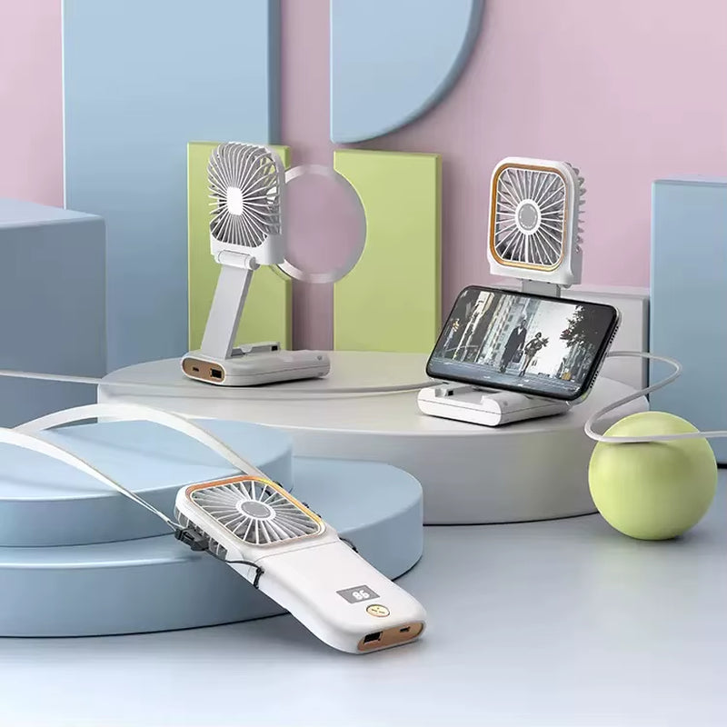 Hanging Neck Fans Mini Portable Folding USB Charging 3000Mah Power Bank Portable Handheld Desktop Multi Function Fan