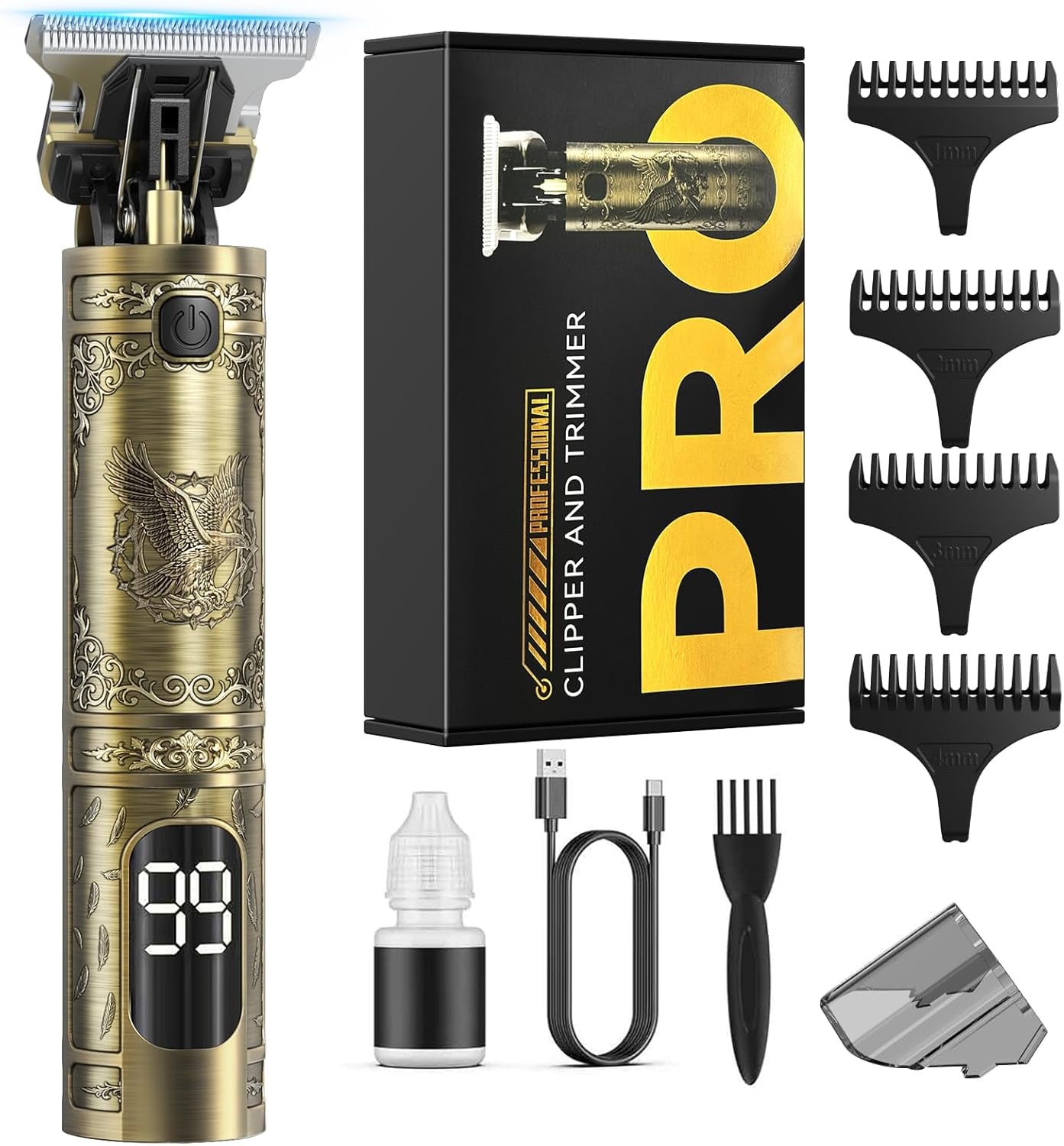 Beard Trimmer, Vintage T-Blade Hair Clippers, Next-Gen Upgrade | 180-Min Running Time, Wire Drawing Process, Type-C Rechargeable, Gold Metal，Cordless Electric Shaver & Razor, Edgers Trimmer