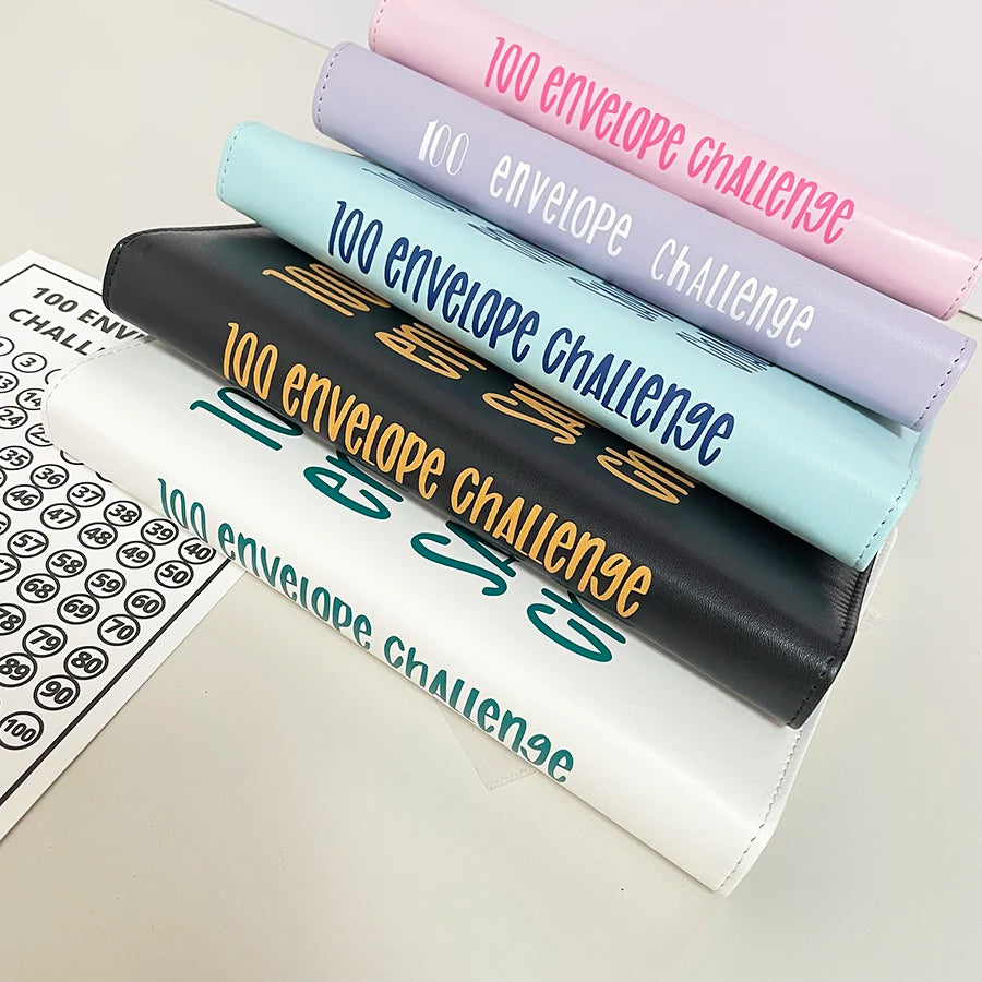 A5 PU 100 Envelope Saving Challenge Book,Binder Collect Book Set,25 Sheets 100 Pockets Number Sleeves, Full Set Holder