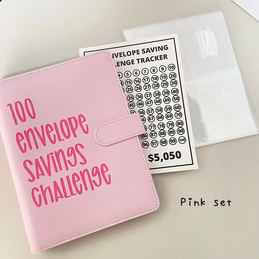A5 PU 100 Envelope Saving Challenge Book,Binder Collect Book Set,25 Sheets 100 Pockets Number Sleeves, Full Set Holder