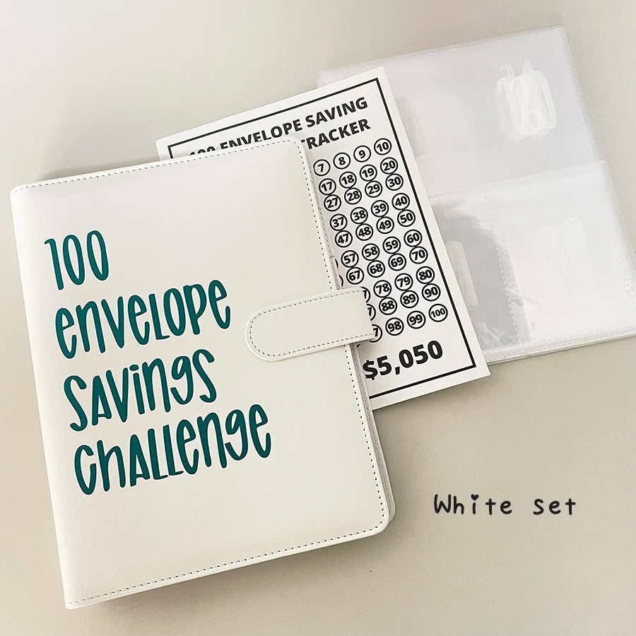 A5 PU 100 Envelope Saving Challenge Book,Binder Collect Book Set,25 Sheets 100 Pockets Number Sleeves, Full Set Holder