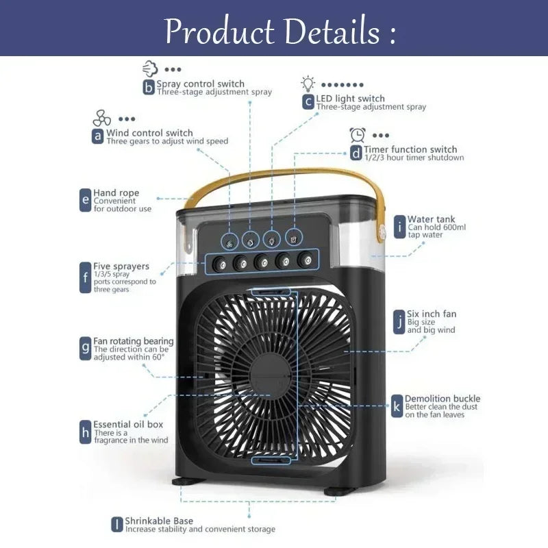 Portable Air Conditioning Fan 5-Hole Spray Humidified USB Quiet Mobile Air Conditioner Cooling Cooler Fan for Desktop Office